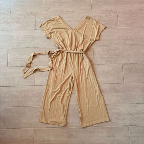 AnyBody Pants - AnyBody Jumpsuit Beige Short Sleeve Wide Leg Romper V Neck Wrap-Over Bodice S